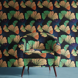 Ginkgo wallpaper by Tatie Lou in black, oversized ginkgo leaves in a living room