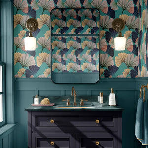 Ginkgo wallpaper by Tatie Lou in blue, oversized ginkgo leaves above a sideboard