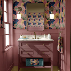 Ginkgo wallpaper by Tatie Lou in pink, oversized ginkgo leaves in a bathroom