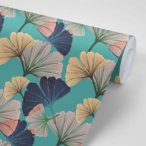 Ginkgo wallpaper by Tatie Lou in blue, roll showing oversized ginkgo leaves