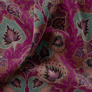 Garden of India velvet by Tatie Lou in burgundy, in soft folds showing an Indian-style garden medallion