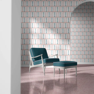 Temple wallpaper by Annika Reed in white, temple columns in a living room