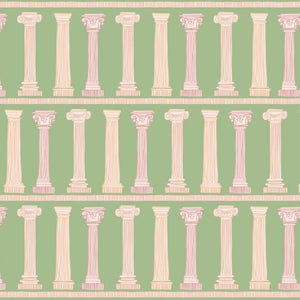 Temple wallpaper by Annika Reed in green, full repeat of temple columns