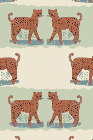 A Leopard Never Changes His Spots wallpaper by Annika Reed in orange and mint green, detail of leaping leopards