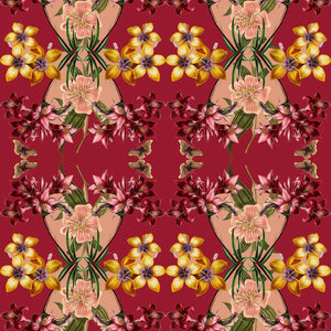 Hampi wallpaper by Tatie Lou in red, full repeat of tropical flowers in a mirrored print