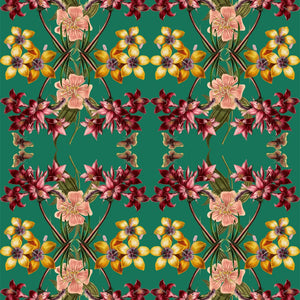 Hampi wallpaper by Tatie Lou in green, flat sample of tropical flowers in a mirrored print