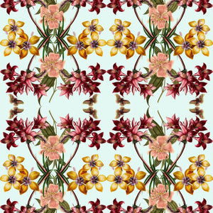 Hampi wallpaper by Tatie Lou in mint green, sample roll showing tropical flowers in a mirrored print