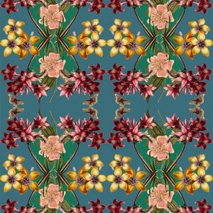 Hampi wallpaper by Tatie Lou in green, pattern sample of tropical flowers in a mirrored print