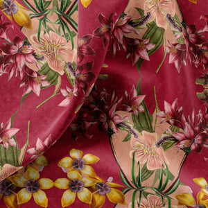 Hampi velvet by Tatie Lou in red, draped close-up of tropical flowers in a mirrored print
