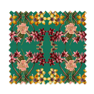 Hampi velvet by Tatie Lou in green, flat sample of tropical flowers in a mirrored print