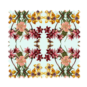 Hampi velvet by Tatie Lou in mint green, pattern sample of tropical flowers in a mirrored print