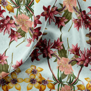 Hampi velvet by Tatie Lou in mint green, draped, showing tropical flowers in a mirrored print