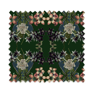 Hampi velvet by Tatie Lou in dark green, flat sample of tropical flowers in a mirrored print