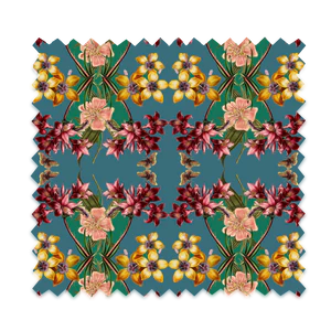 Hampi velvet by Tatie Lou in green, full repeat of tropical flowers in a mirrored print