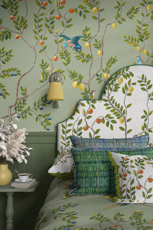 Hand Drawn linen by Dami and Em Design, a hand-drawn botanical upholstered on a headboard
