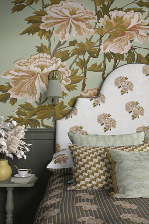 Hand Drawn linen by Dami and Em Design, a hand-drawn floral on a headboard with cushions