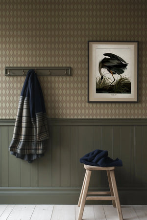 Harlequin Parade wallpaper by Annika Reed in beige, a small harlequin check in an entryway