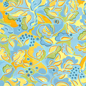 Harmonie D’Ete linen by Claire de Quénetain in yellow and blue, full repeat of a hand-painted floral design