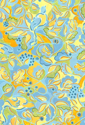 Harmonie D’Ete linen by Claire de Quénetain in yellow and blue, full repeat of a hand-painted floral design
