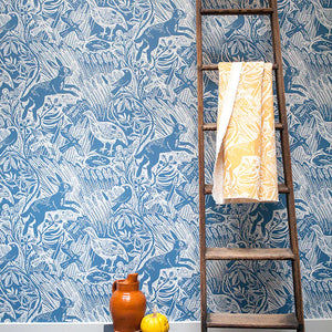 Harvest Hare wallpaper by St. Jude's in white, hares among grasses in a hallway