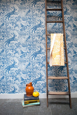 Harvest Hare wallpaper by St. Jude's in white, hares among grasses in a hallway