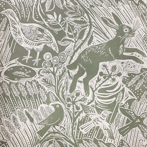 Harvest Hare wallpaper by St. Jude's in grey-green, flat sample of hares among grasses
