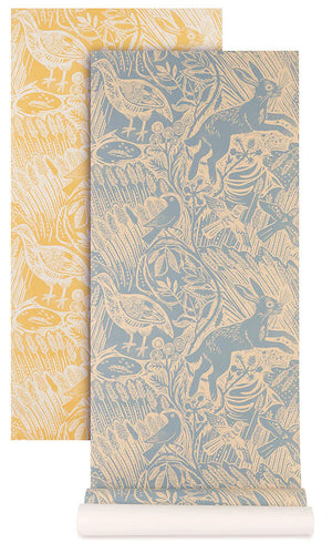 Harvest Hare wallpaper by St. Jude's in blue, sample roll showing hares among grasses