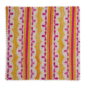 Heatwave linen by Bethie Tricks in orange and pink, full repeat of wavy block-print stripes