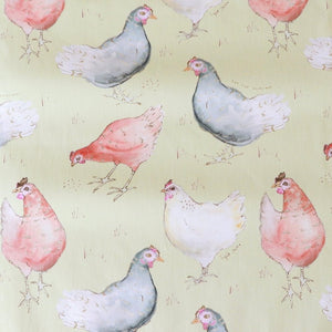 Hen fabric by Seed Home Designs in pale yellow, full repeat of watercolour hens