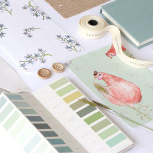 Hen fabric by Seed Home Designs in sage green, flat sample of watercolour hens (alternate view)