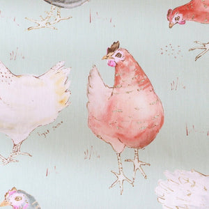 Hen fabric by Seed Home Designs in sage green, full repeat of watercolour hens