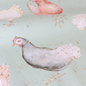 Hen fabric by Seed Home Designs in sage green, pattern sample of watercolour hens