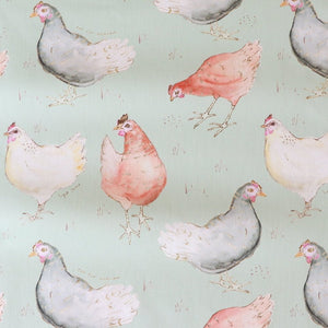 Hen fabric by Seed Home Designs in sage green, flat sample of watercolour hens
