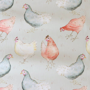 Hen fabric by Seed Home Designs in taupe, pattern sample of watercolour hens