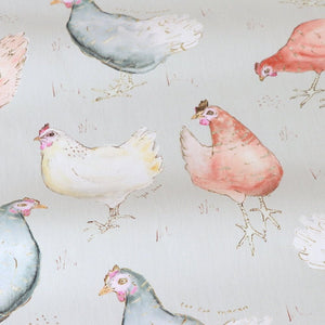 Hen fabric by Seed Home Designs in taupe, full repeat of watercolour hens