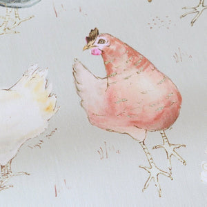 Hen fabric by Seed Home Designs in taupe, flat sample of watercolour hens
