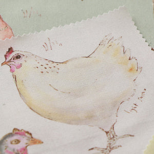 Hen fabric by Seed Home Designs in white, in soft folds showing watercolour hens