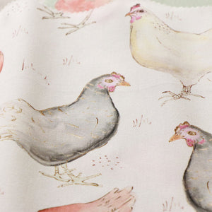 Hen fabric by Seed Home Designs in white, full repeat of watercolour hens