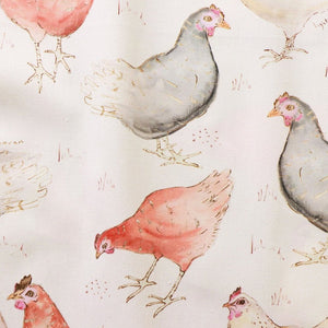 Hen fabric by Seed Home Designs in white, pattern sample of watercolour hens