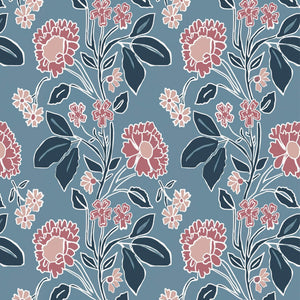 Honiton Lace wallpaper by Annika Reed in blue and pink, full repeat of lace-style flowers