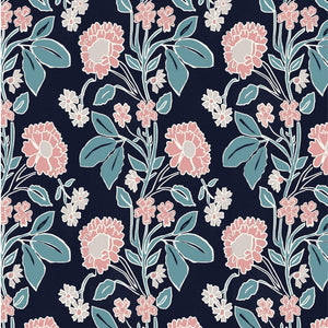 Honiton Lace wallpaper by Annika Reed in navy and pink, flat sample of lace-style flowers