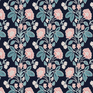 Honiton Lace wallpaper by Annika Reed in navy and pink, full repeat of lace-style flowers