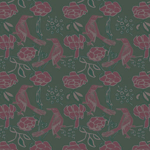 Chattering of Choughs wallpaper by Annika Reed in teal and pink, pattern sample of choughs among leaves