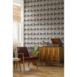 Red Coat wallpaper by Annika Reed in teal and red, riders on horseback in a living room