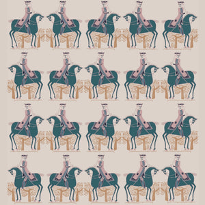 Red Coat wallpaper by Annika Reed in teal and red, full repeat of riders on horseback