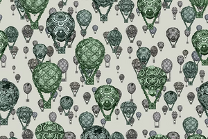 Hot Air Balloons wallpaper by Dami and Em Design in light green, flat sample of hot-air balloons