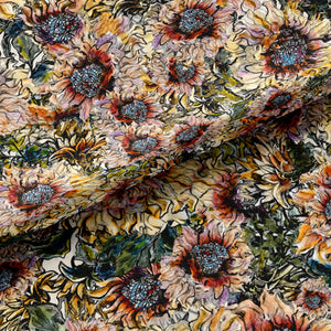 Hues of Sunflowers velvet by Dami and Em Design in yellow and blue, draped, showing sunflowers