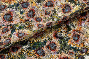 Hues of Sunflowers velvet by Dami and Em Design in yellow and blue, draped, showing sunflowers