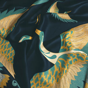 Pachamama velvet by Tatie Lou in navy, draped, showing flying cranes