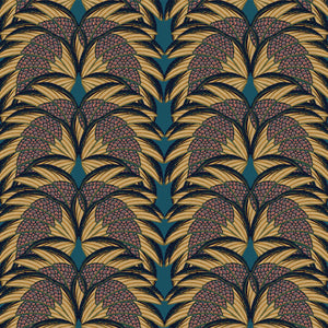Plume wallpaper by Tatie Lou in navy and gold, flat sample of Deco plumes